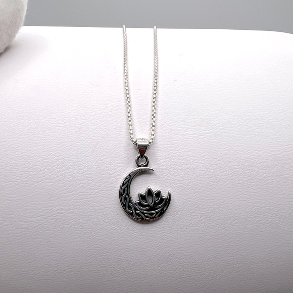 .925 Sterling Silver Moon and Lotus Flower Necklace - Picture 5 of 16